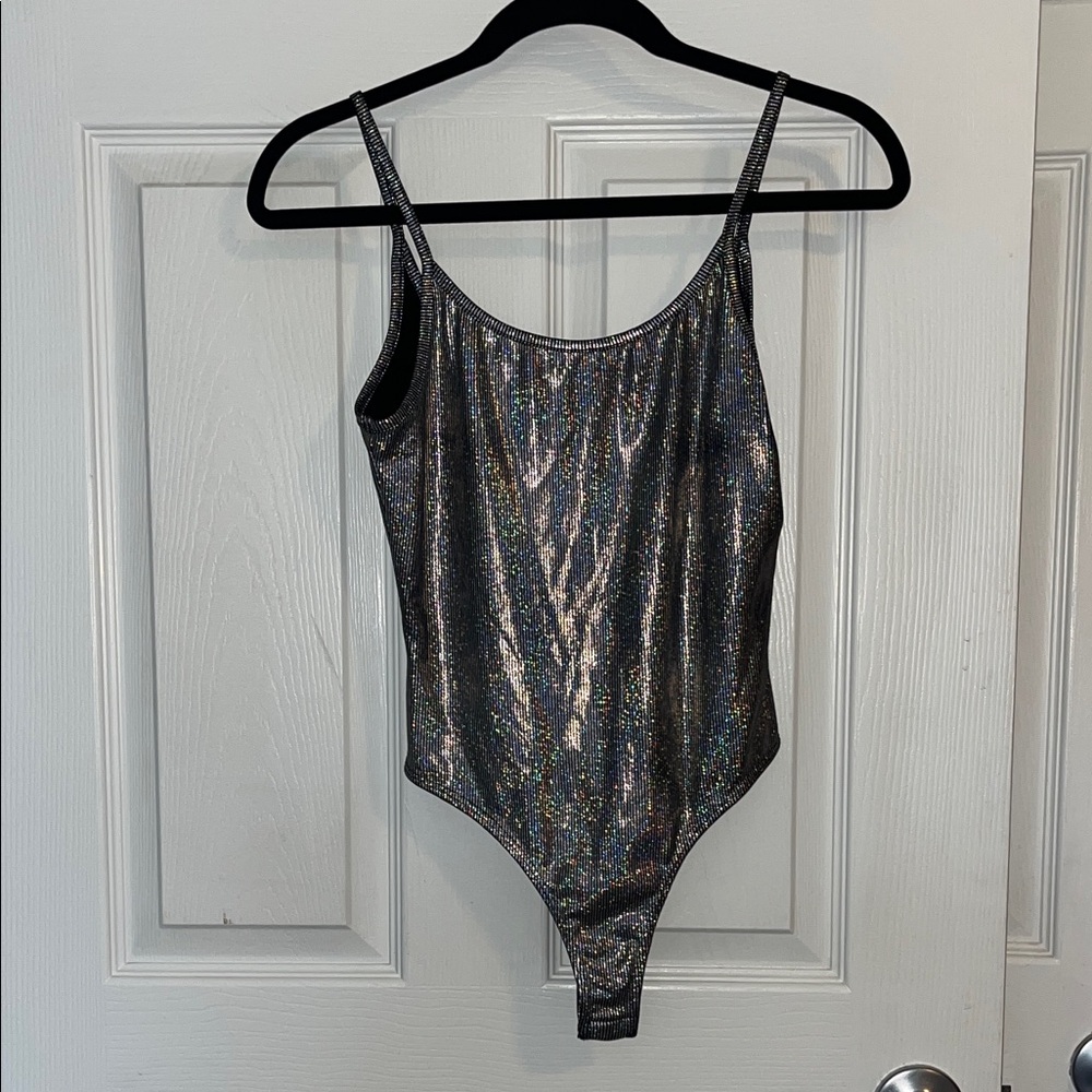 Forever 21 Black Holographic Trim Scoop Neck Bodysuit